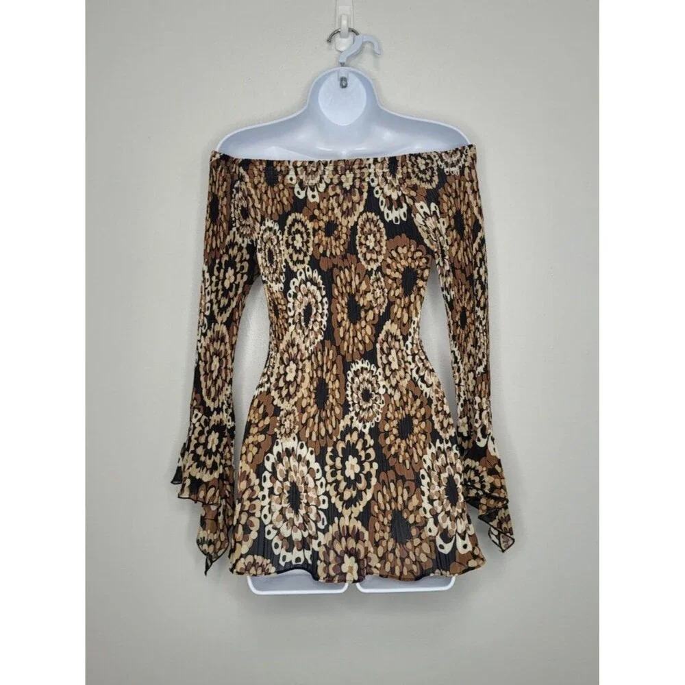 Black brown flower print stretch witchy grunge off the shoulder boho top small